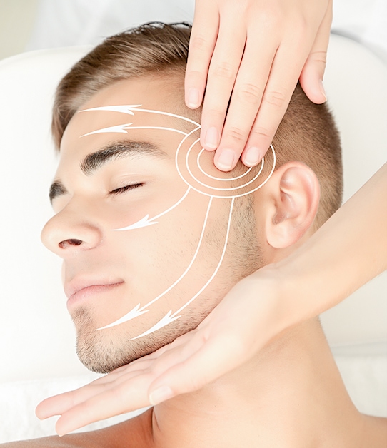 Refleksologia twarzy i głowy zaprezentowana na lewym profilu mężczyzny poprzez masaż obszaru pomiędzy uchem a lewym okiem
